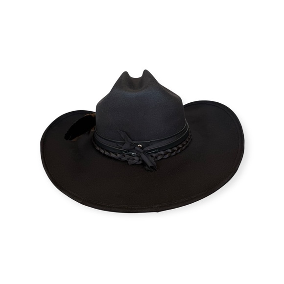Black Wide Brim Hat with Feather Accent